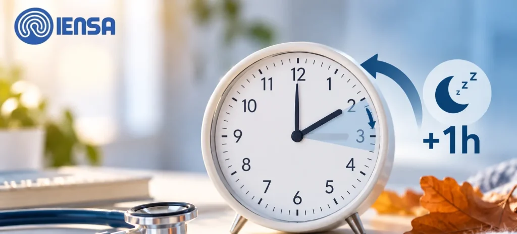 Reloj despertador atrasando la hora por el cambio al horario de invierno, con el mensaje +1h de sueño de IENSA
