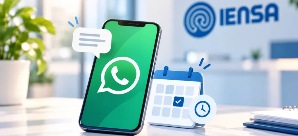 Móvil con WhatsApp y calendario de citas junto al logo de IENSA