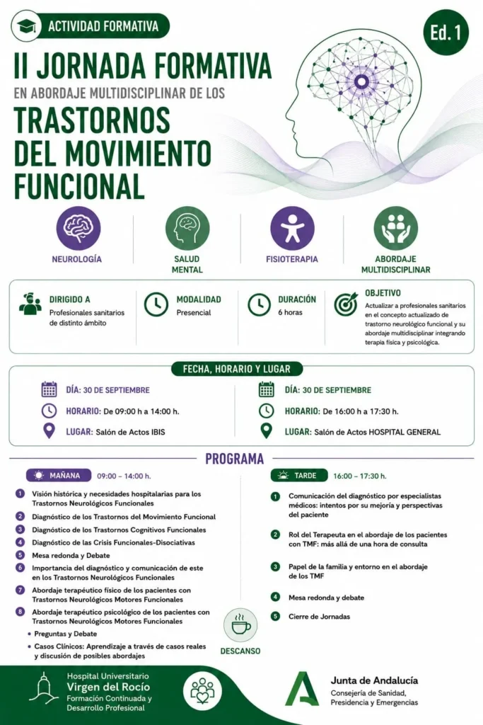 Cartel y programa de la II Jornada Formativa en Abordaje Multidisciplinar de los Trastornos del Movimiento Funcional
